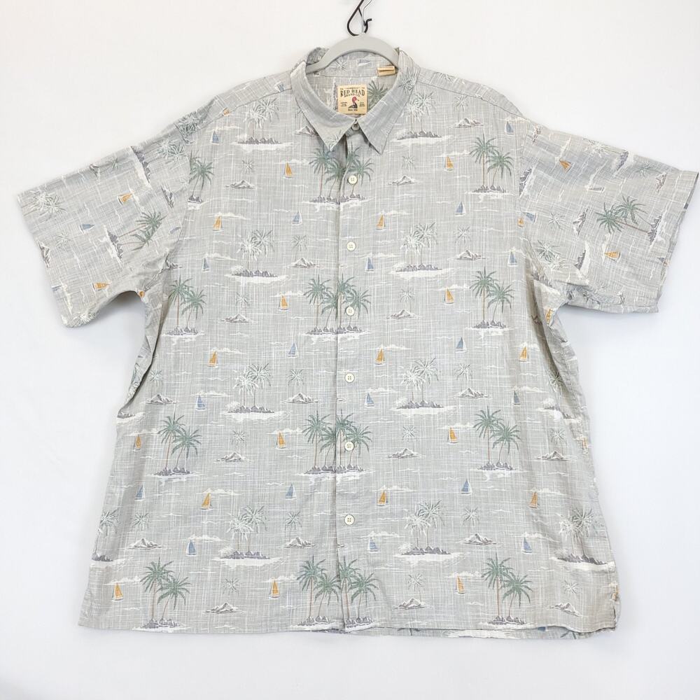 Redhead‎ Button Down Shirt Tropical Sailboat Men 2XL Gray Cotton Short Sleeve
